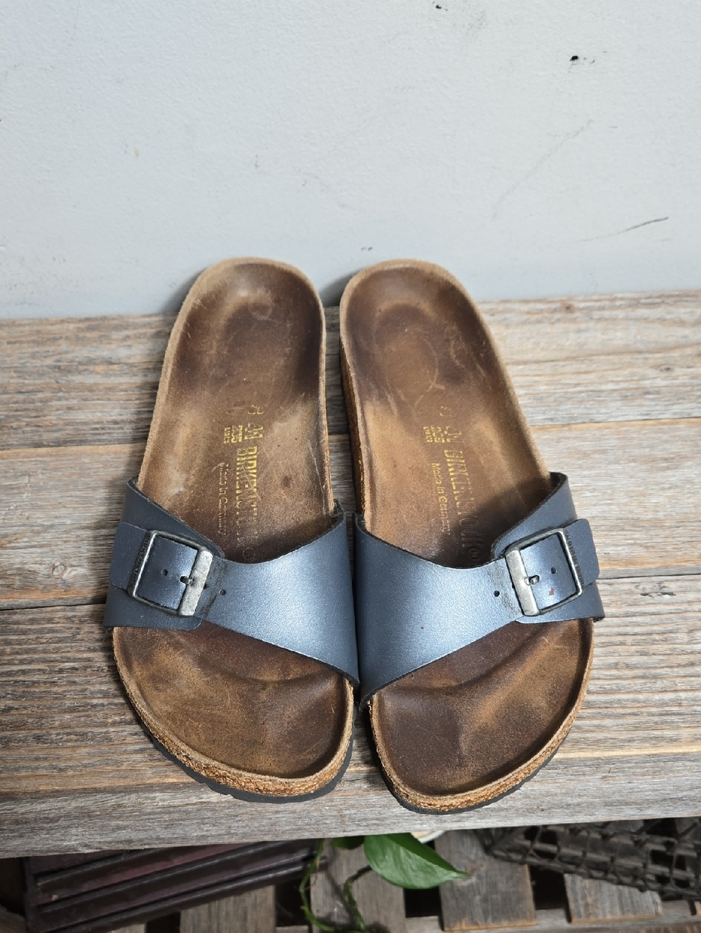 BirkenstockMadrid Gunmetal Gray Cork Footbed Slide Sandals Buckle Strap